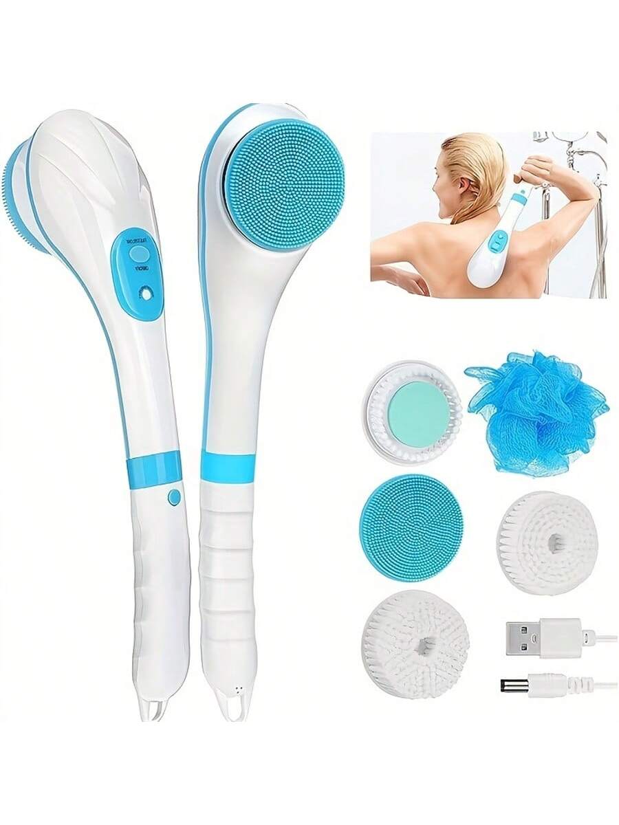 Electric Silicone Body Scrubber, USB Rechargeable Back Brush Long Handle For Shower With 5 Body Bath Brush Heads Exfoliating Body Scrubber Back Scrubber For Shower For Men Women- Soft and Gentle,Nice winter gift(Blue)