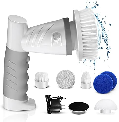 Electric Spin Scrubber | Shower Cleaner Household Cleaning Tools Bathroom Power Portable, Rechargeable with 4 Replaceable Scrubbing Heads, Grey, White