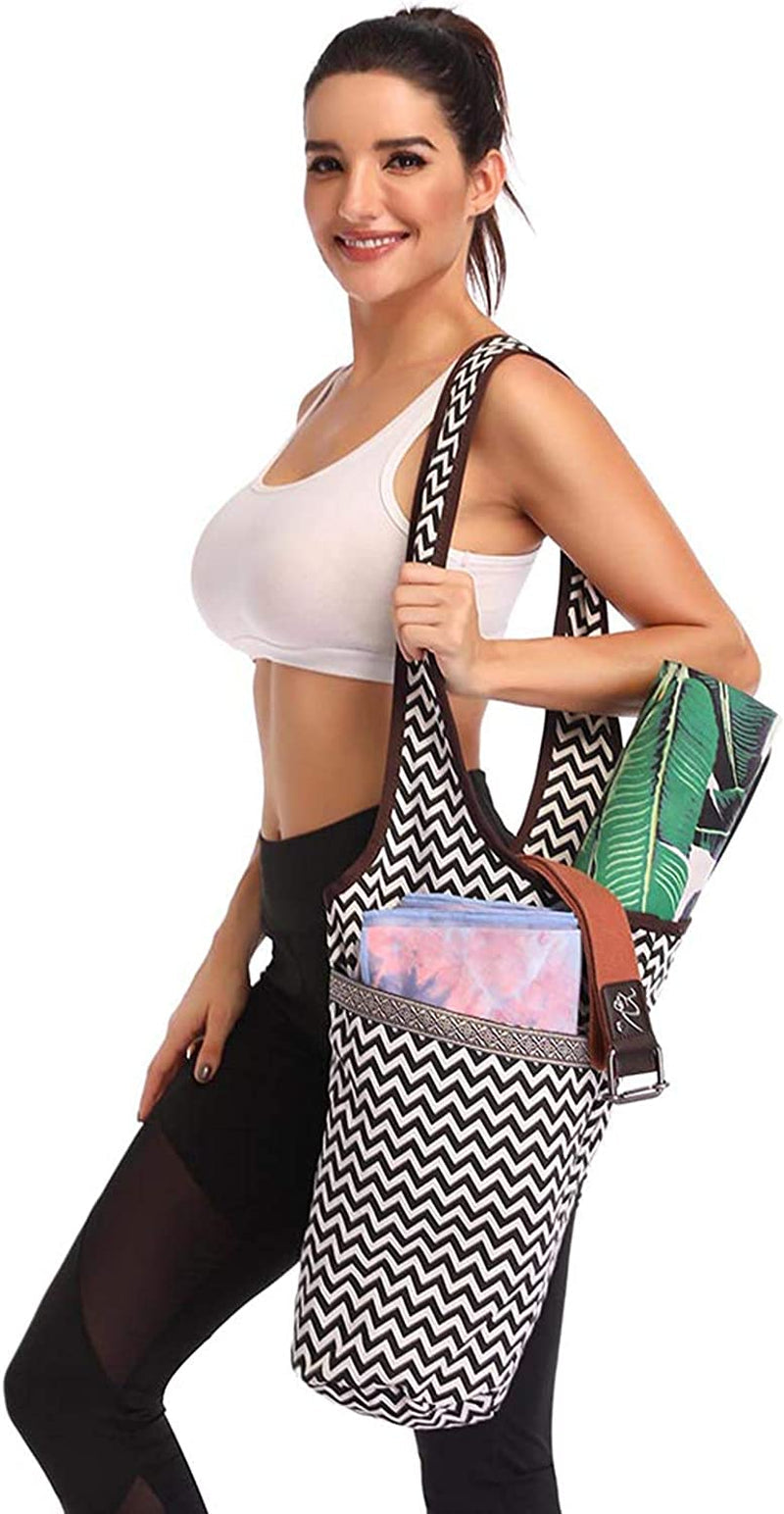 D-GROEE Yoga Mat Bag One Shoulder Printed Canvas Portable Yoga Mat Backpack Tote Sling Carrier with Large Side Pocket & Zipper Pocket Fits Most Size Mats for Women Men