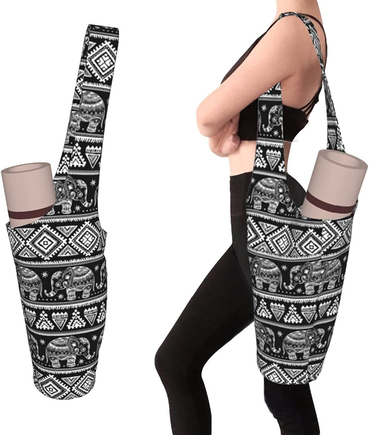 Jrotqux Elephant Yoga Mat Bag Yoga Mat Tote Sling Carrier with Large Side Pockets, Fit Most Size Mats Yoga, Yoga Bags and Carriers for Women