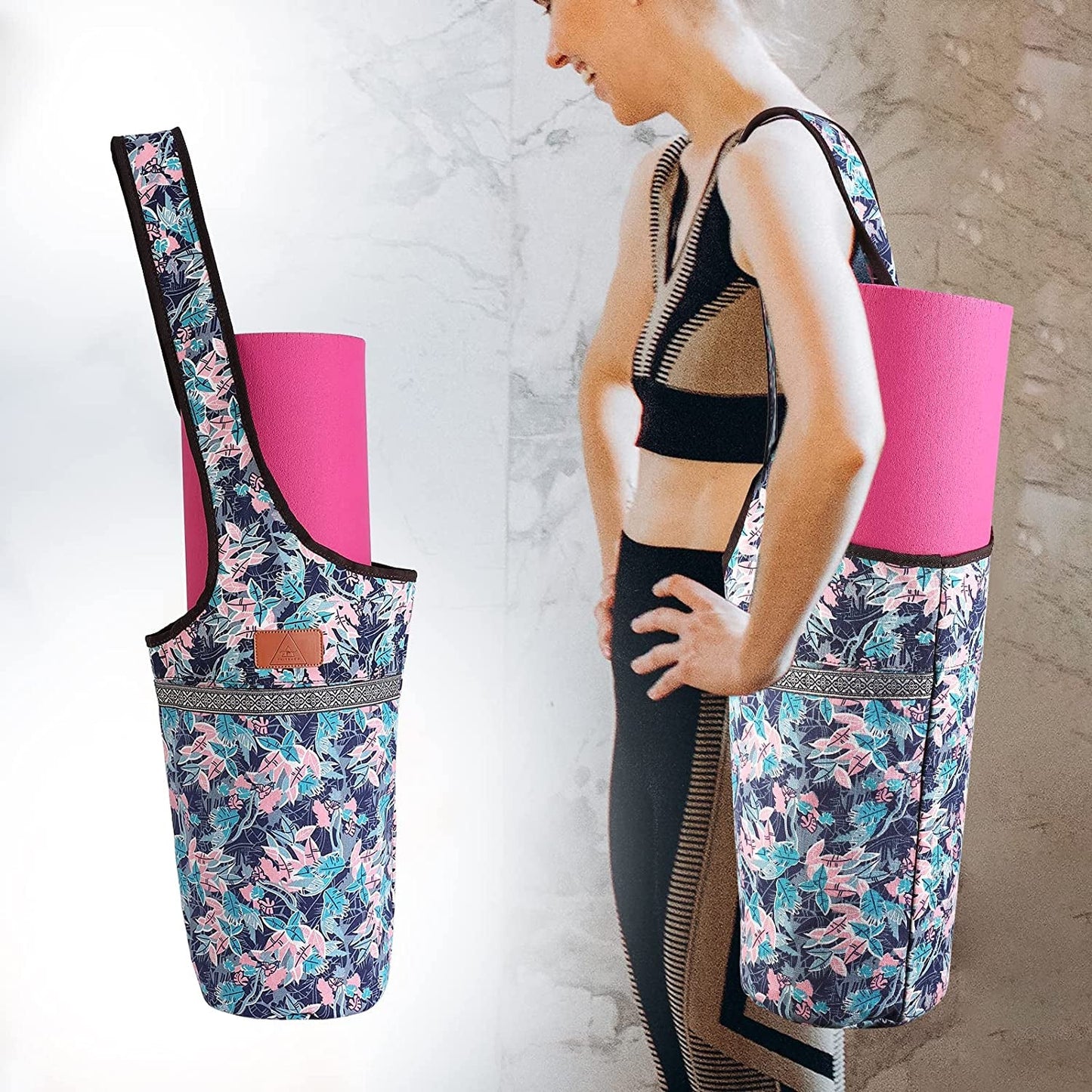 Phitshop Yoga Mat Bag with Large Pocket and Zipper, Multipurpose Long Tote Carrier for Most Mat Sizes (Pink Flowers)