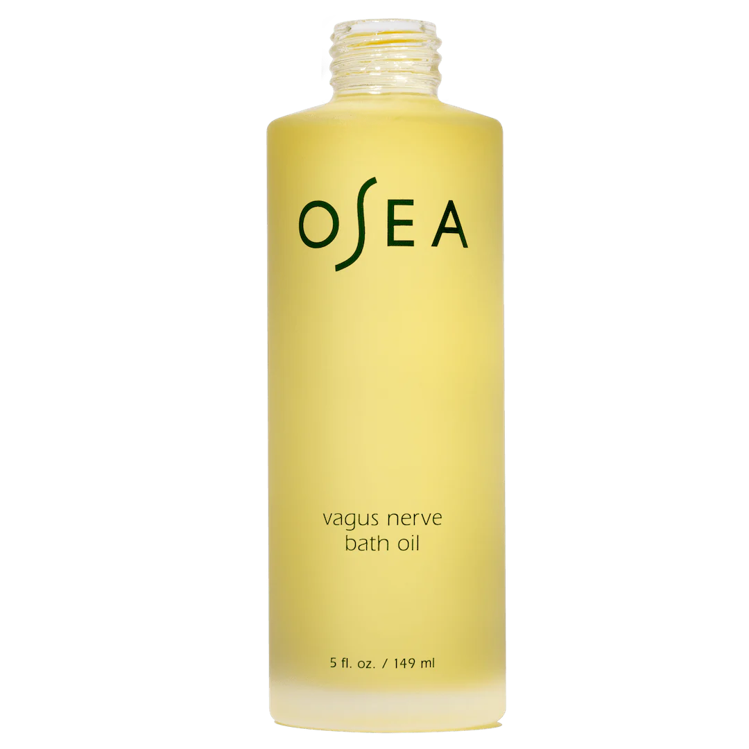 Transparent bottle of osea vagus nerve bath oil against a plain background.