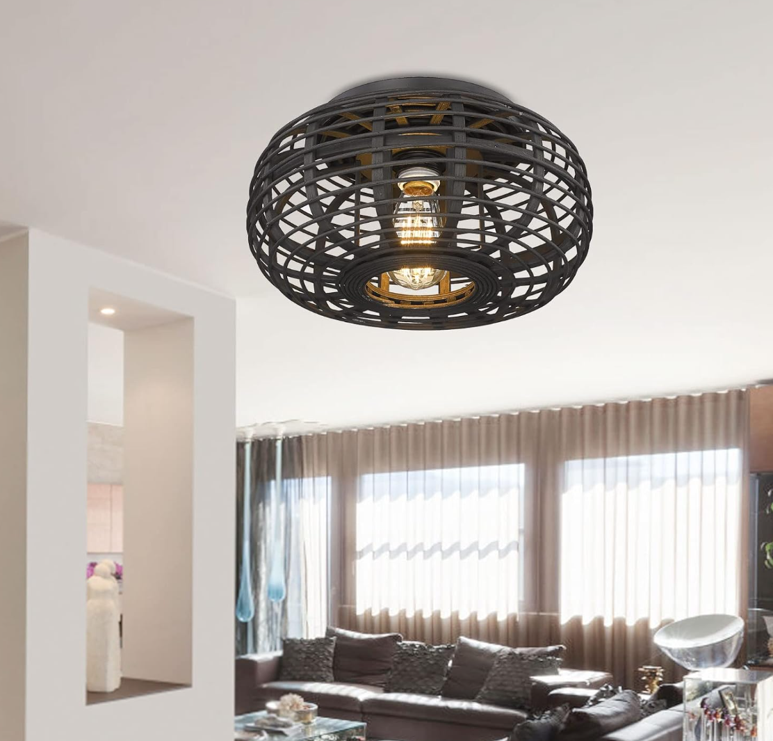 Darkaway Rattan Light Fixtures Ceiling Light, Modern Semi Flush Mount Ceiling Light with Rattan Cage Shade Rattan Ceiling Light for Hallway Bedroom Farmhouse, Black
