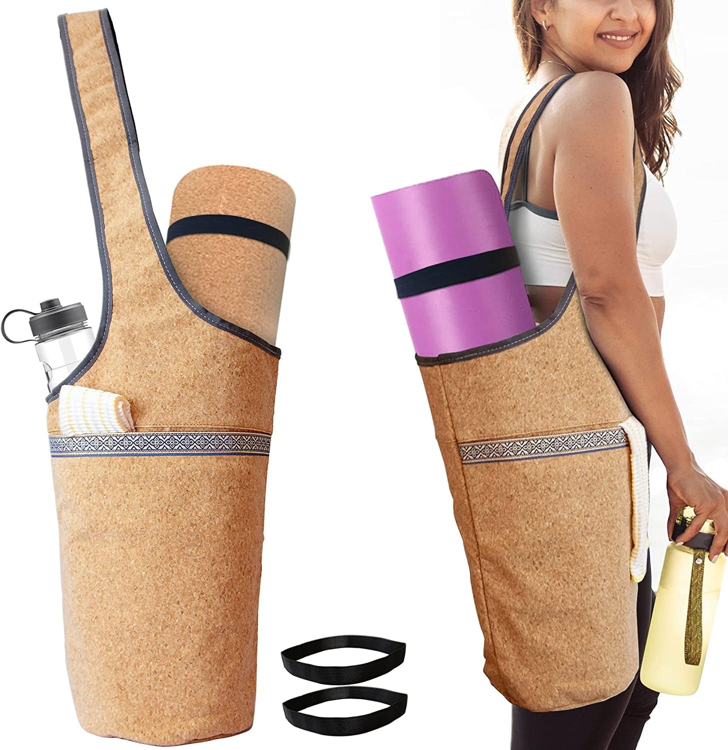 PALLOTH Yoga Mat Bag,Cork Material Yoga Mat Bag,Large Size Yoga Mat Carrier Fits Most Size Mats,Comes with a Yoga Mat Bag with Elastic Straps