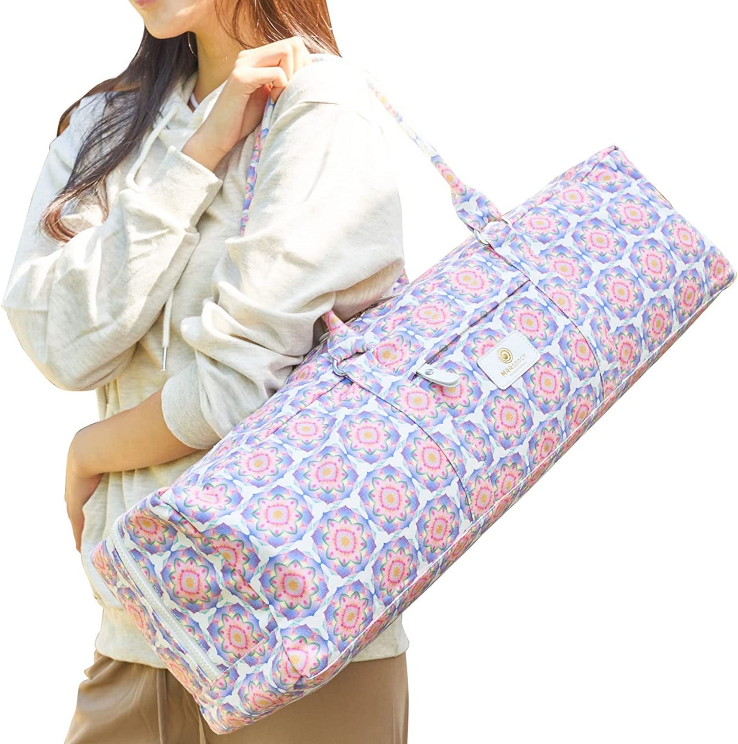 Yoga Mat Bag – Design with Aesthetic Lotus Pattern Inspired from Ancient Murals – Large Size for up to 26” Mats, Yoga Blocks & Towel – Full Zipper – Nifty Outer Pocket