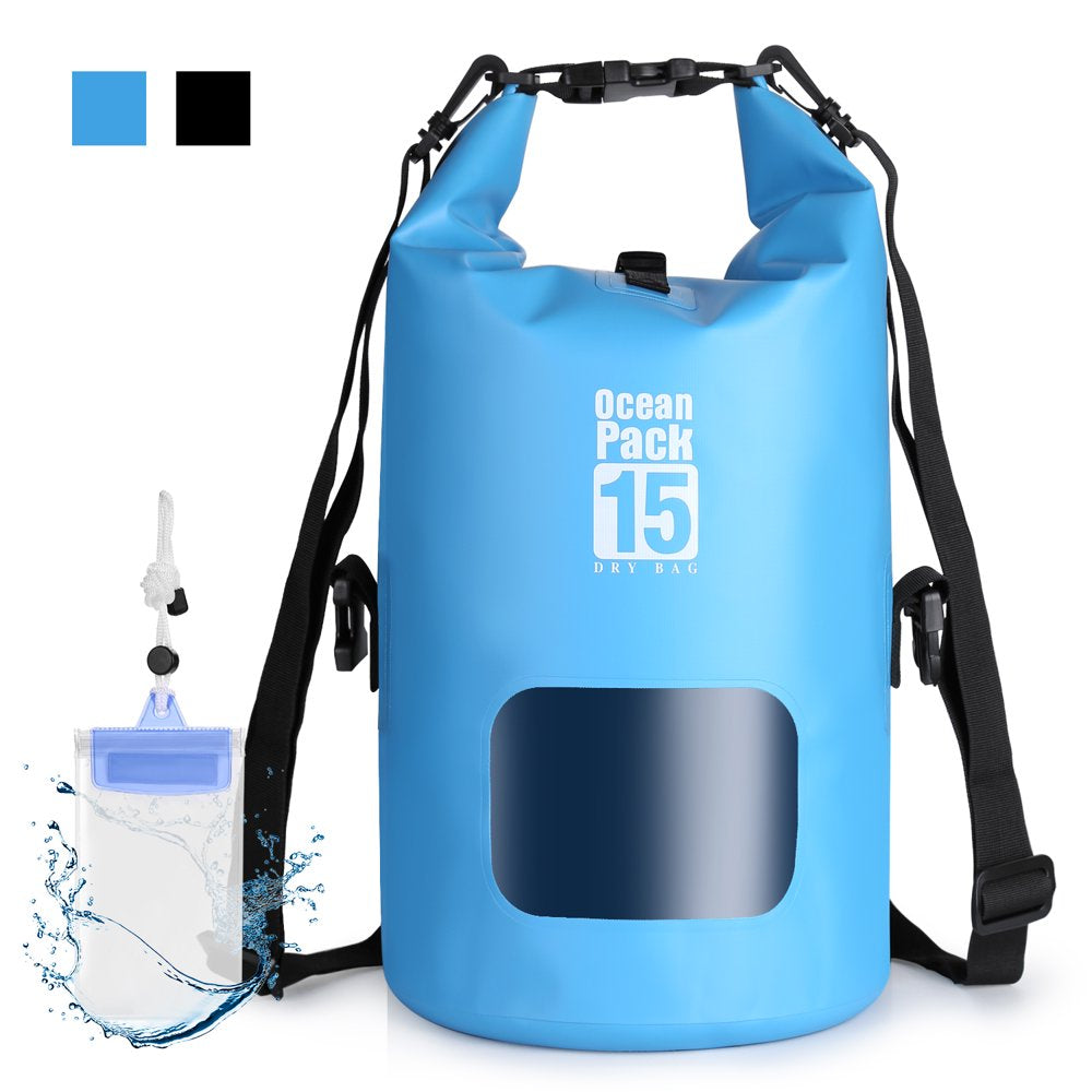 Fitnate 15L Blue Dry Bag Backpack Waterproof Roll Top Floating Sack for Kayaking Rafting Boating