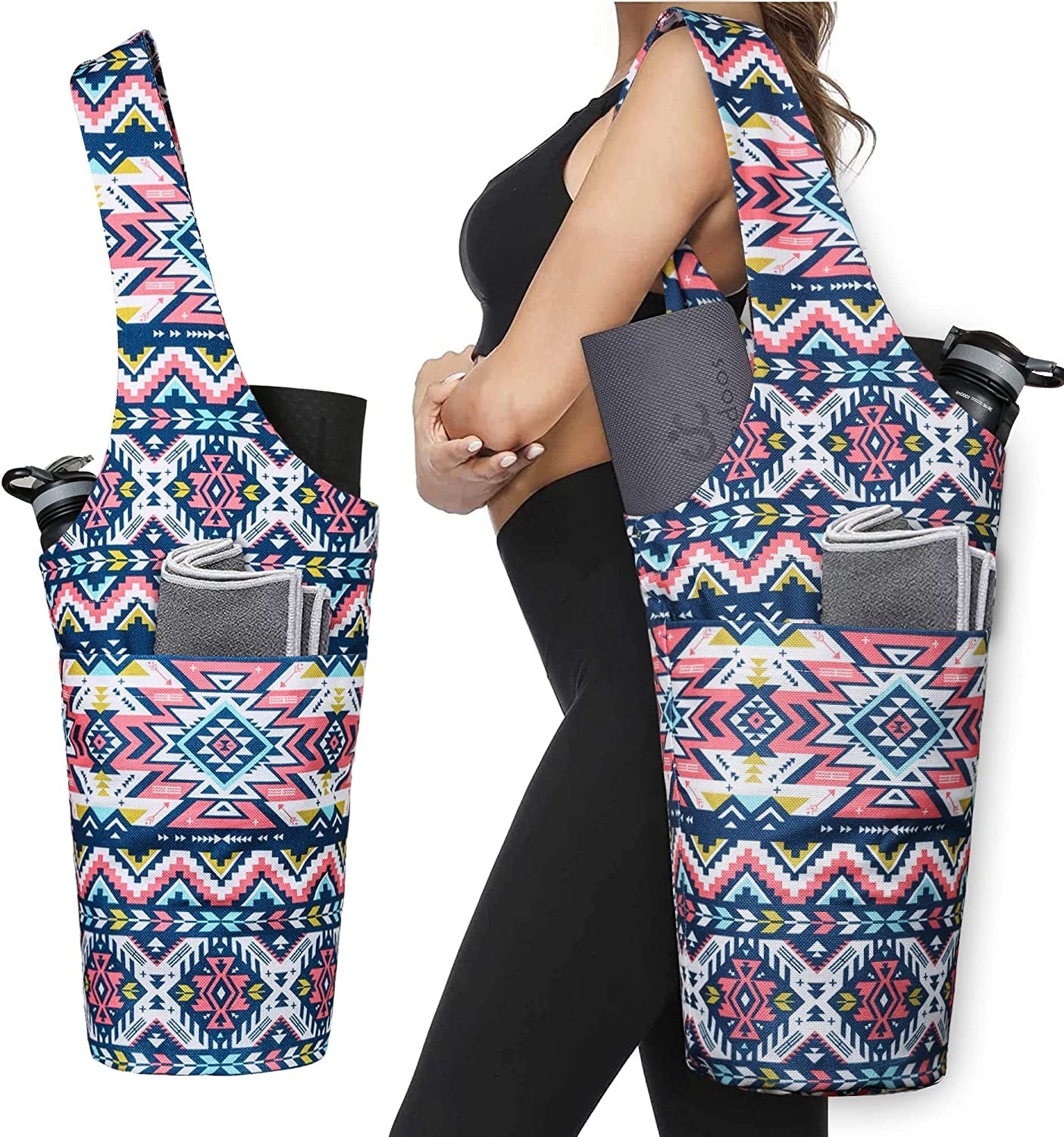 Fashion Printed Yoga Mat Bag with Large Side Pocket & Zipper Pocket Long Tote Yoga Bag Fit Most Size Mats - Holds More Yoga Accessories