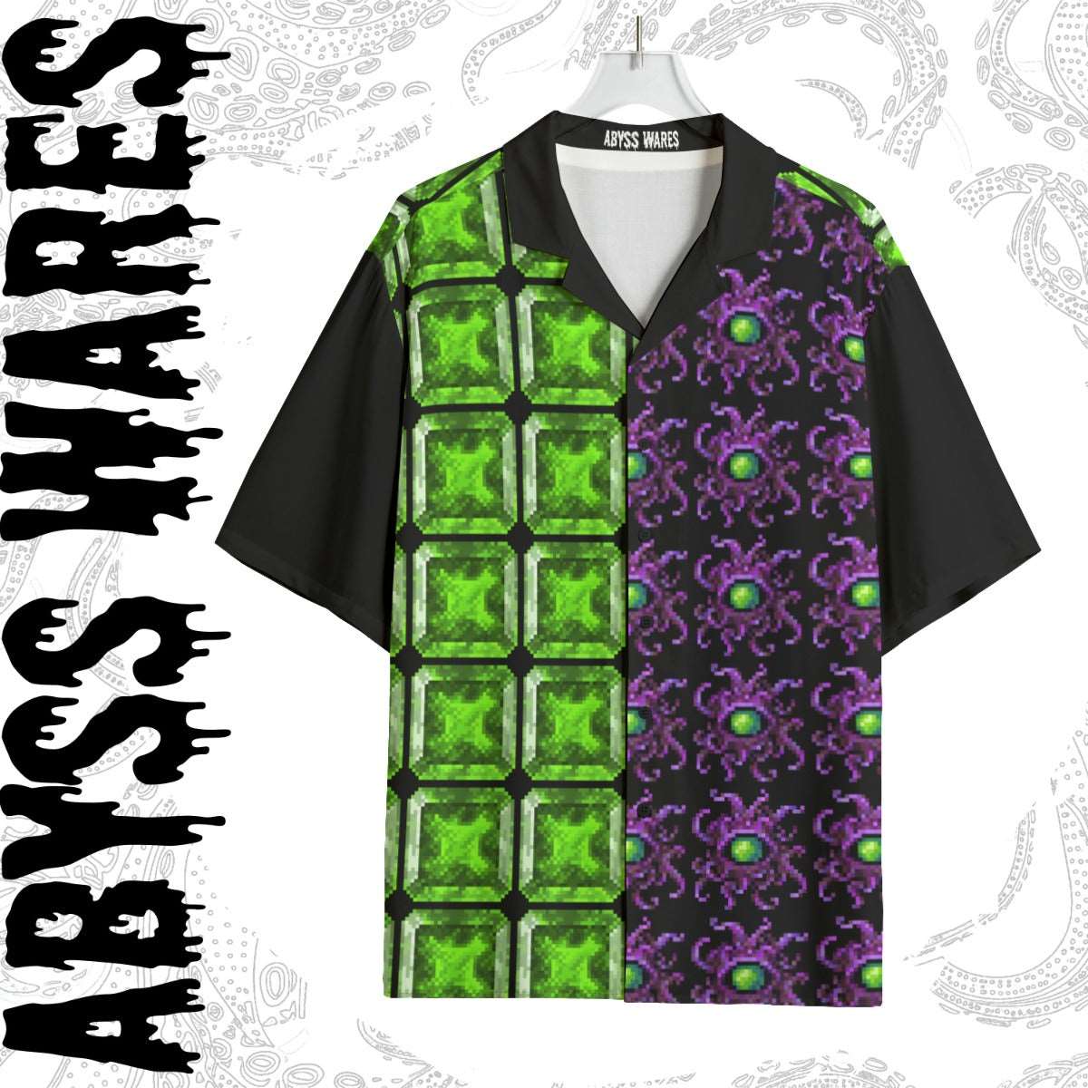 8bit Monster Gem Bowling Shirt Soft Rayon | Acid Green Gems and Purple Tentacle Beasts