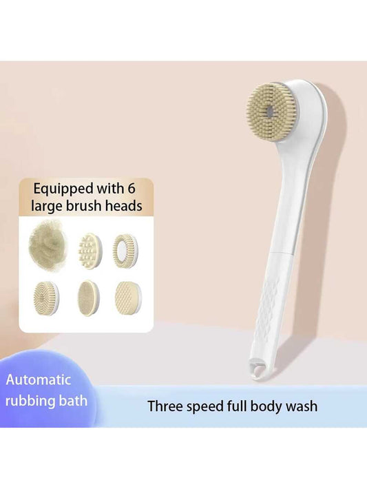 1pc White Electric Rotating Bath Brush With 6 Brush Heads, Multifunctional Lazy Back Wash Tool