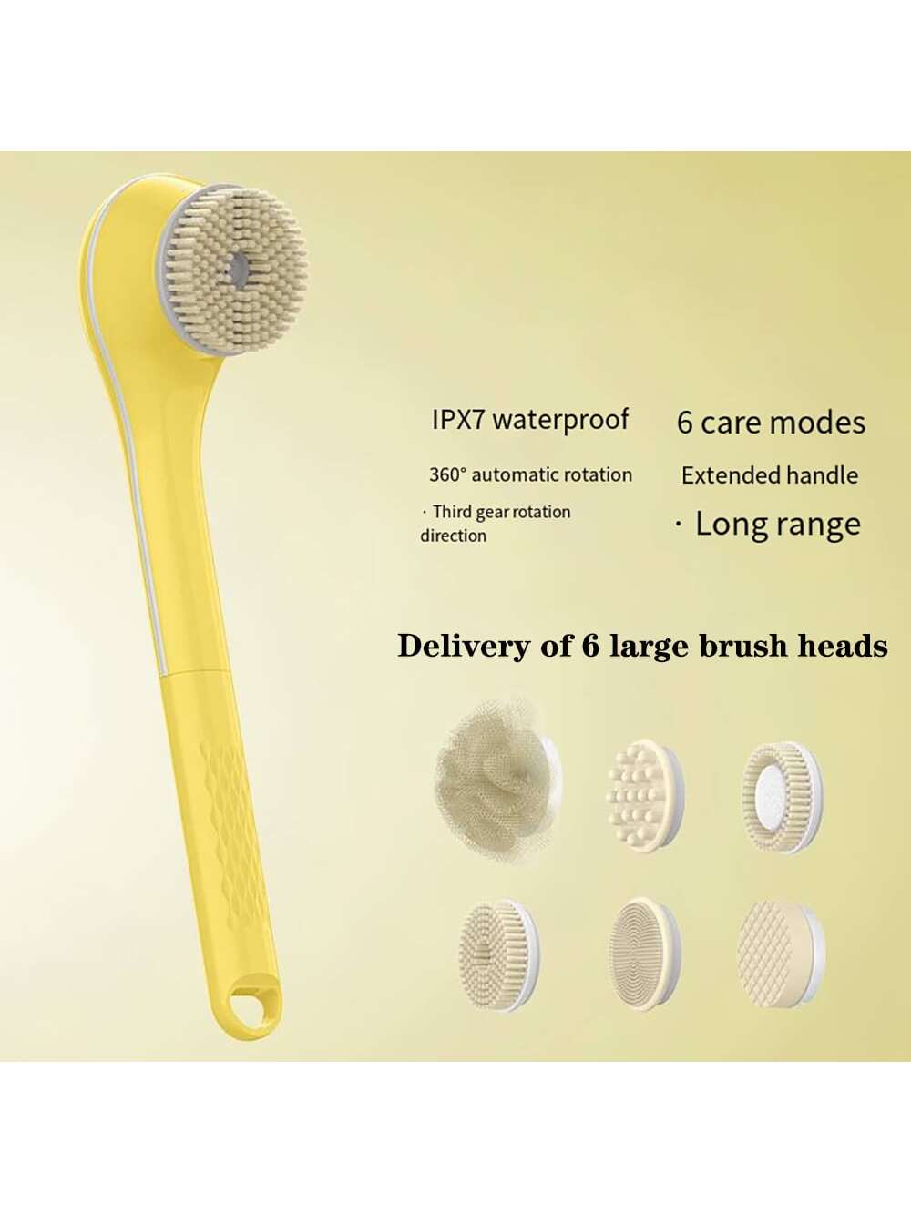 1pc Yellow Electric Rotating Bath Brush For Back Scrubbing, Lazy Bathing, Multi-functional Back Scrubber With 6 Brush Heads