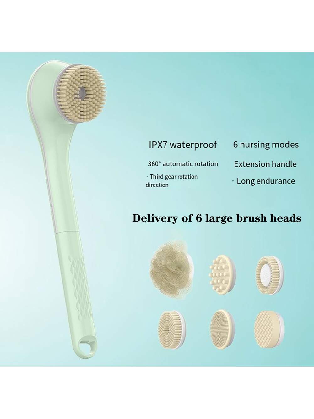 1pc Electric Rotating Bath Brush, Green, Multi-functional Back Scrubber, Lazy Bathing Tool With 6 Brush Heads