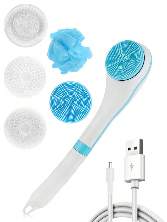 1pc Usb Rechargeable Electric Shower Brush, 6 Levels Of Waterproof Abs Long-handled Full Automatic Massager Including 5 Brush Heads For Lazy People's Bathing, Back Scrubbing, Face Cleaning And Dead Skin Removal