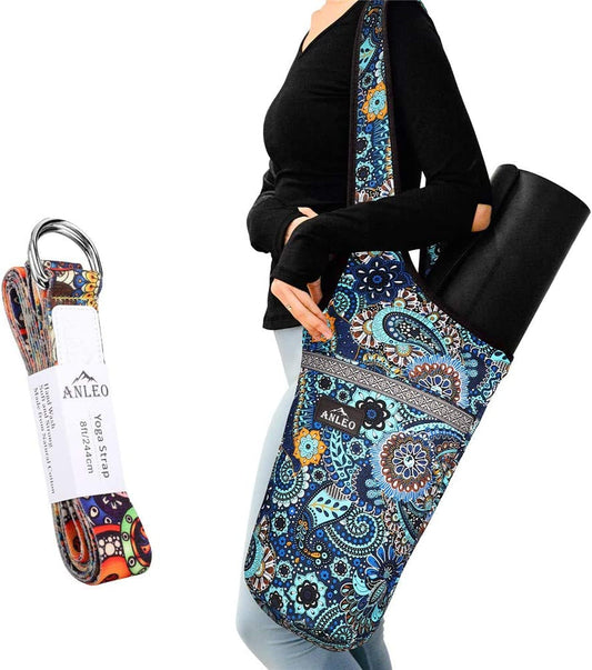 Anleobag Yoga Mat Bag + Yoga Strap Set, Heavy Duty Cotton Shoulder/Cross-Body Yoga Mat Carry Bag with Large Size outside Pocket and inside Zipper Pocket, Fit Most Size Mats