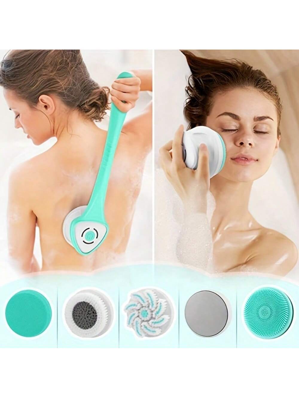 1pc Rechargeable Electric Body Bath Brush - 5 Spin Shower Facial Brush Heads For Deep Cleansing & Exfoliating - Waterproof Silicone Back Scrubber For Men & Women