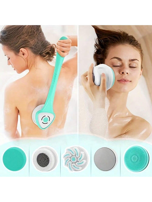 1pc Rechargeable Electric Body Bath Brush - 5 Spin Shower Facial Brush Heads For Deep Cleansing & Exfoliating - Waterproof Silicone Back Scrubber For Men & Women