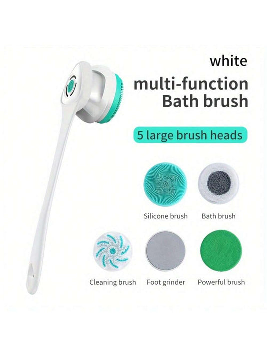 1pc Rechargeable Electric Body Bath Brush - 5 Spin Shower Facial Brush Heads For Deep Cleansing & Exfoliating - Waterproof Silicone Back Scrubber For Men & Women
