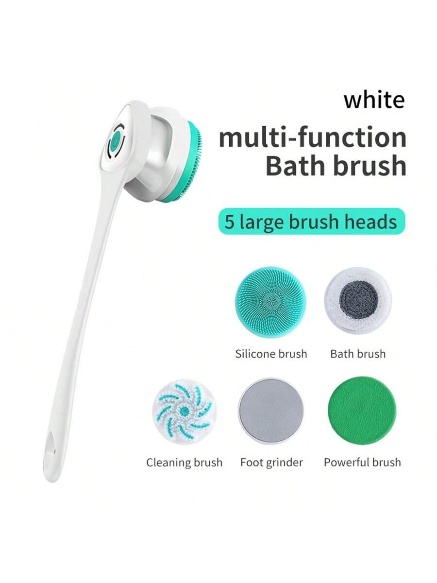 Waterproof Electric Bath Brush With Silicone Bristles, Multi-Function Long Handle Shower Brush For Back Scrubbing And Exfoliating