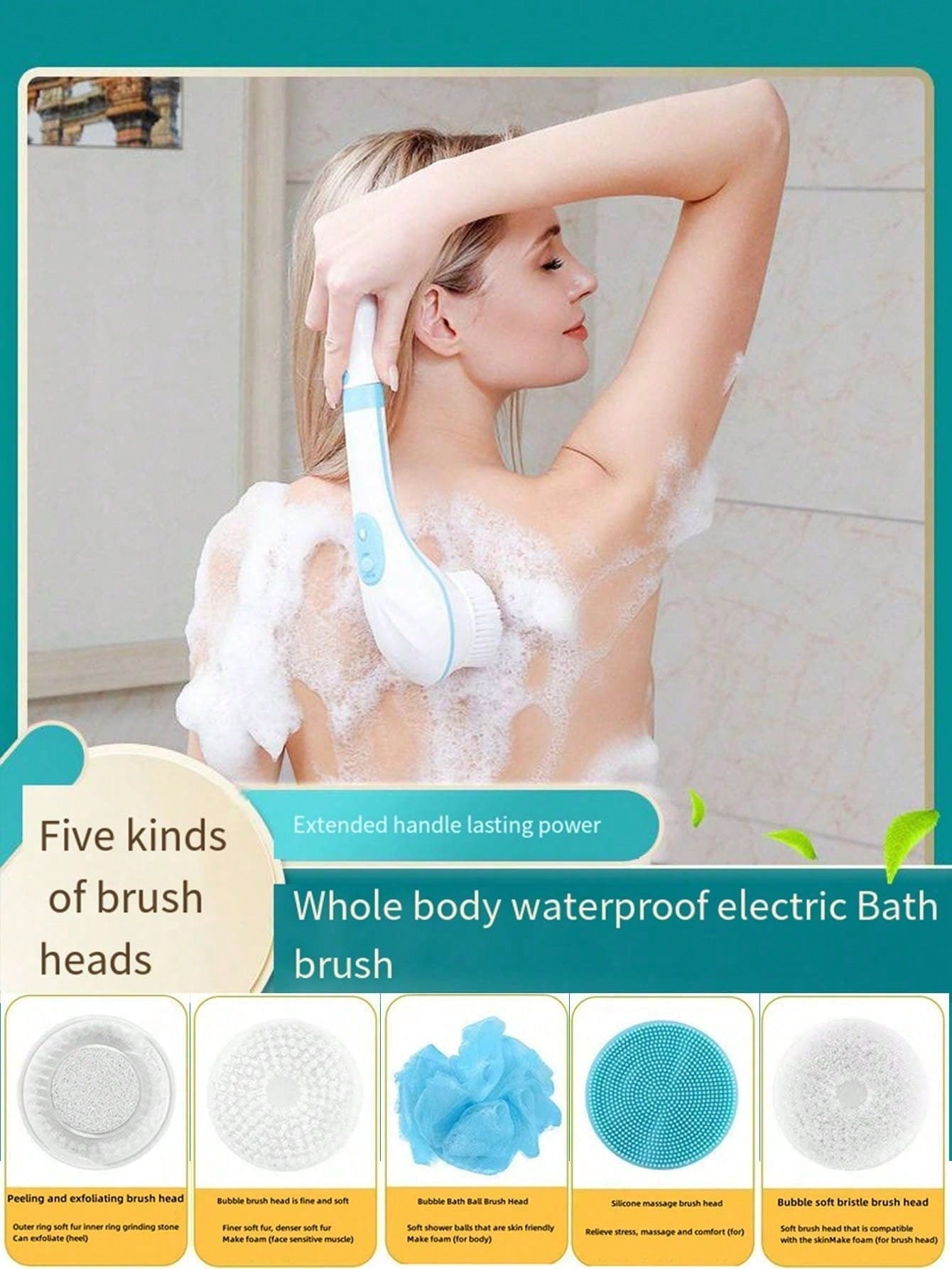 1pc Electric Shower Brush, With 5 Brush Heads, Fully Automatic Waterproof Scrubber For Shower & Bath, Long-Handle Electric Massager And Skin Exfoliating Brush For Home Use