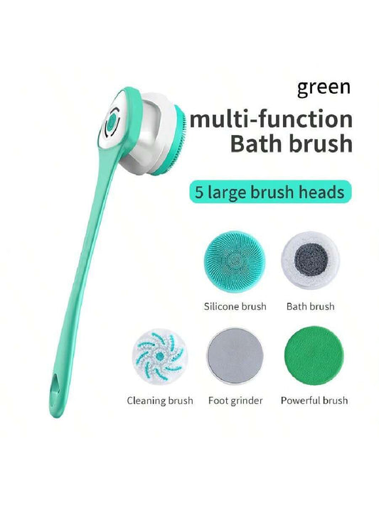 1pc Usb Rechargeable Electric Shower Brush With 5 Replaceable Heads, 3 Speeds For Bathing