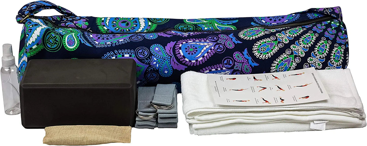 Mero Yoga Set| One Yoga Mat Bag Two White Cotton Hand Towels Two Yoga Bands One Spray Bottle One Black Yoga Block One Deodorizer Pouch One Sun Salutations Instruction Form Complete Yoga Starter Set