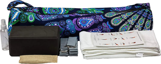 Mero Yoga Set| One Yoga Mat Bag Two White Cotton Hand Towels Two Yoga Bands One Spray Bottle One Black Yoga Block One Deodorizer Pouch One Sun Salutations Instruction Form Complete Yoga Starter Set
