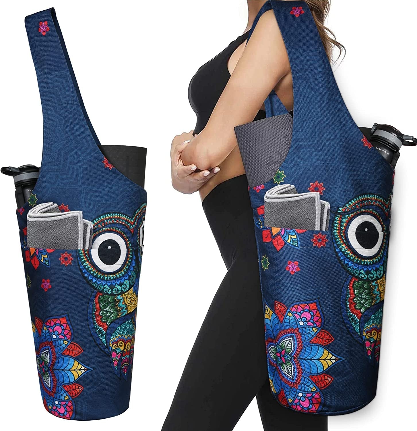 Fashion Printed Yoga Mat Bag with Large Side Pocket & Zipper Pocket Long Tote Yoga Bag Fit Most Size Mats - Holds More Yoga Accessories