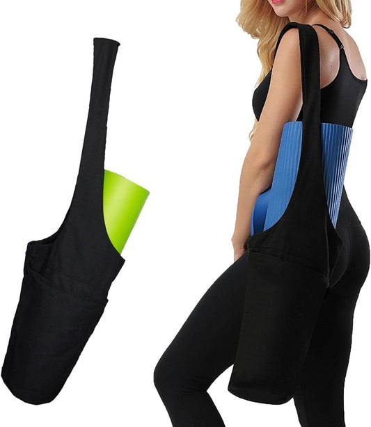 Yoga Mat Bag with Water Bottle Pocket, Onegenug Long Strap Yoga Mat Tote Sling Carrier with Side Pocket & Zipper Pocket, Fits Most Size Mats(Black)