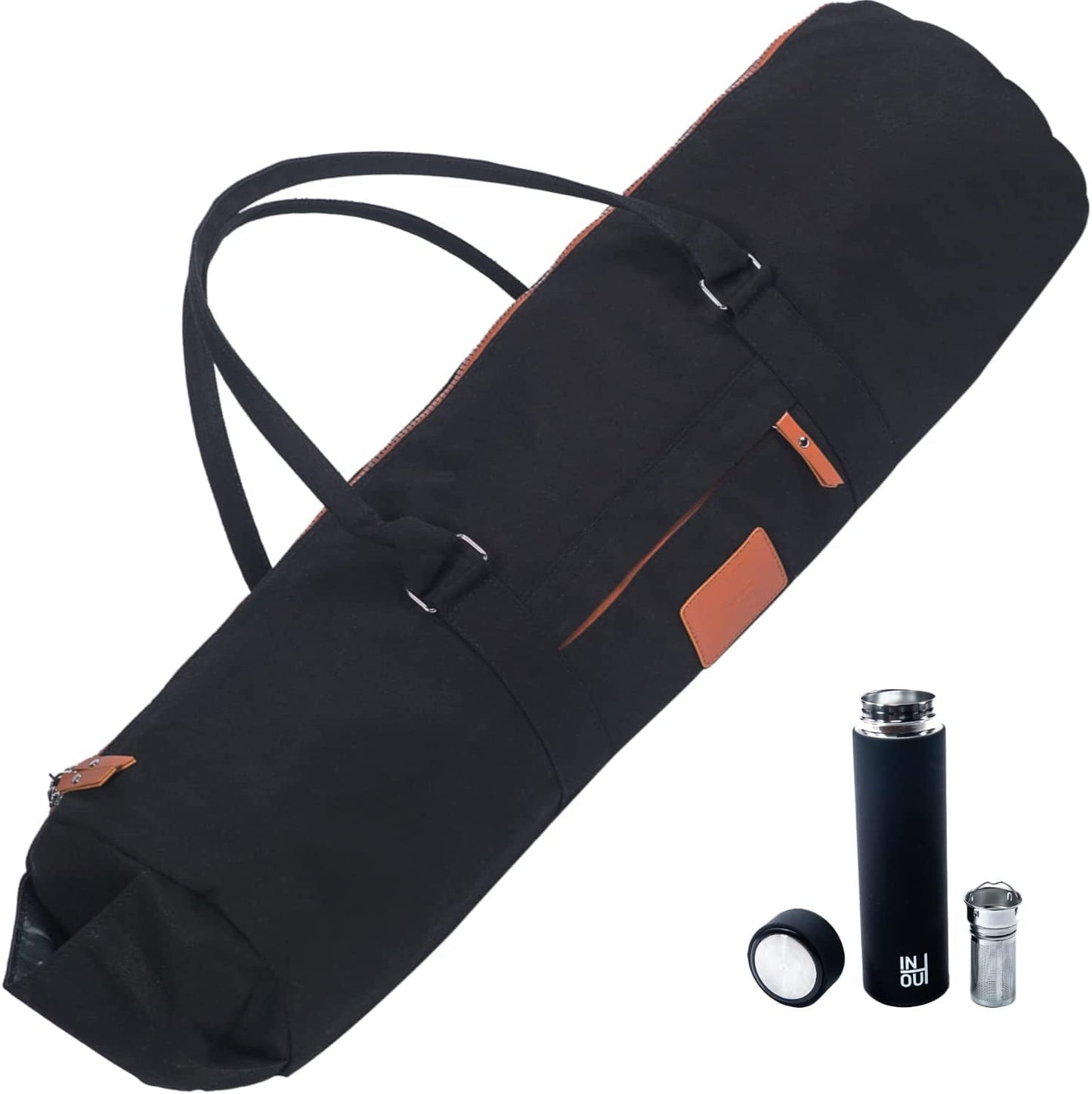 Inout Yoga Mat Carrier - Yoga Bag for 24 Inches Width and 1/4 or 1/3 Inches Thick Mat + 15 Oz Reusable Coffee / Tea Tumbler! Double Zipper and outside Pockets CARRY BAG, for Yoga Accessories!