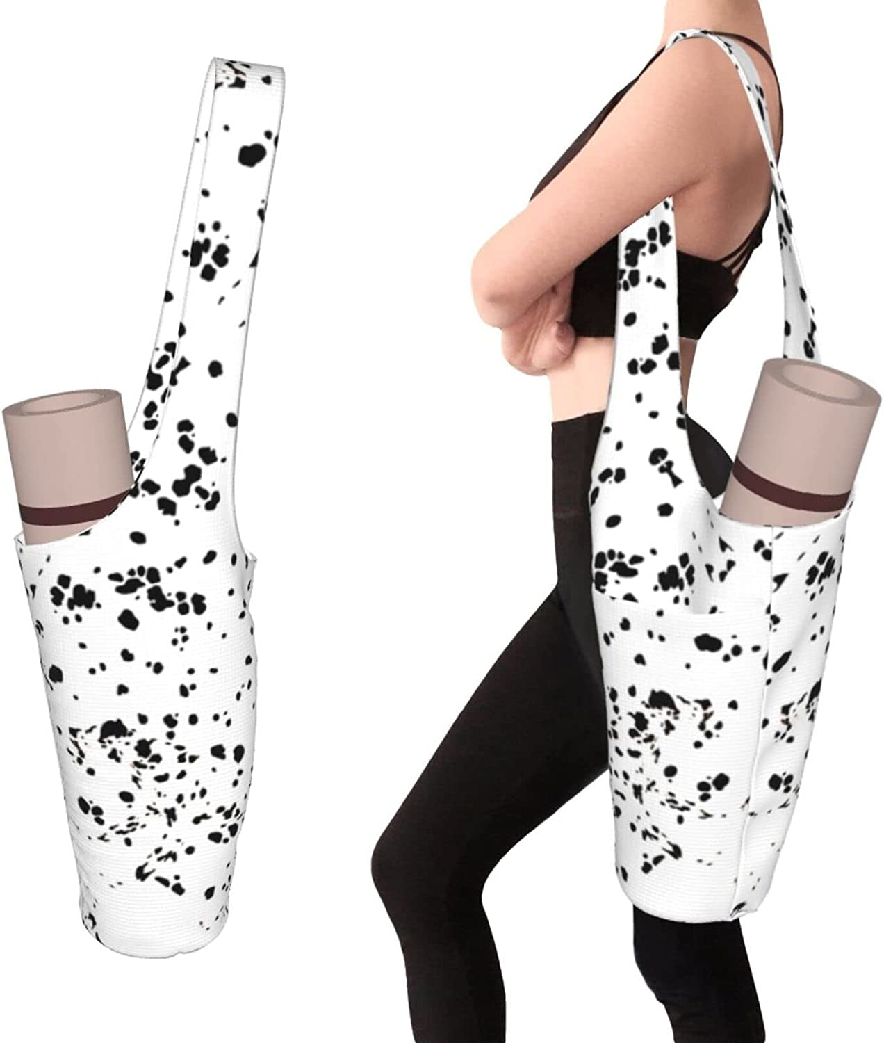 Yuwznsx Yoga Mat Bag Spotted Dog Black and White Long Tote with Pockets for Women Stylish and Practical Carriers Fits Most Size Mats Accessories