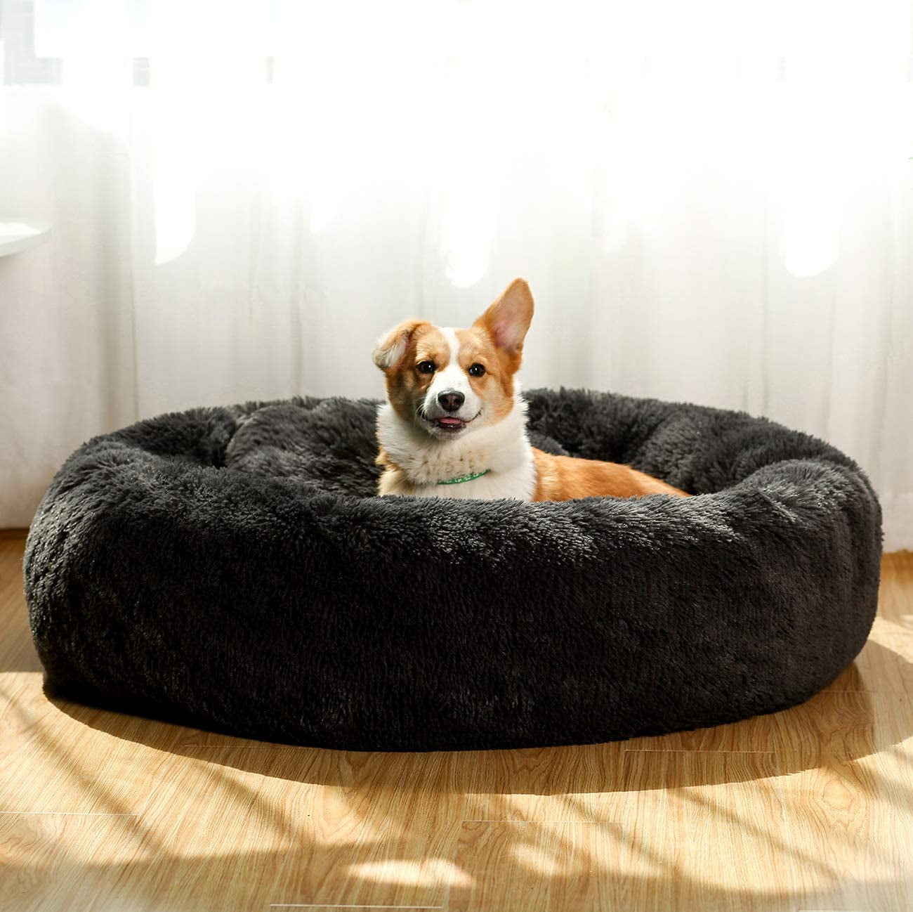 JMHUND Shag Vegan Fur Donut Comfortable Dog Bed for Medium Dogs, Large Calming Cuddler Ultra Soft Washable Pet Cat Mat, round Fluffy Self-Warming Cushion Bed,26" Black