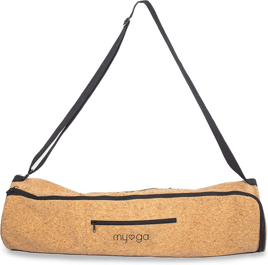 Myga Cork Carry Bag for Yoga Mat - Natural Cork Pilates Yoga Mat Bag with Adjustable Carry Handle Straps - Eco-Friendly Compact Exercise Fitness Long Yoga Bag with Side Pockets