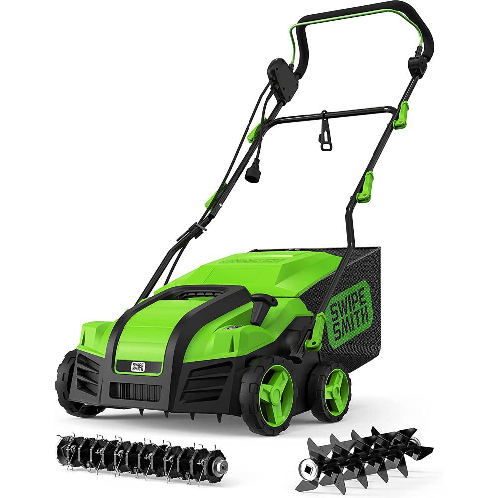 SWIPESMITH Electric Dethatcher Scarifier 16” 15 Amp, Lawn Dethatcher with 5-Position Depth Adjustment