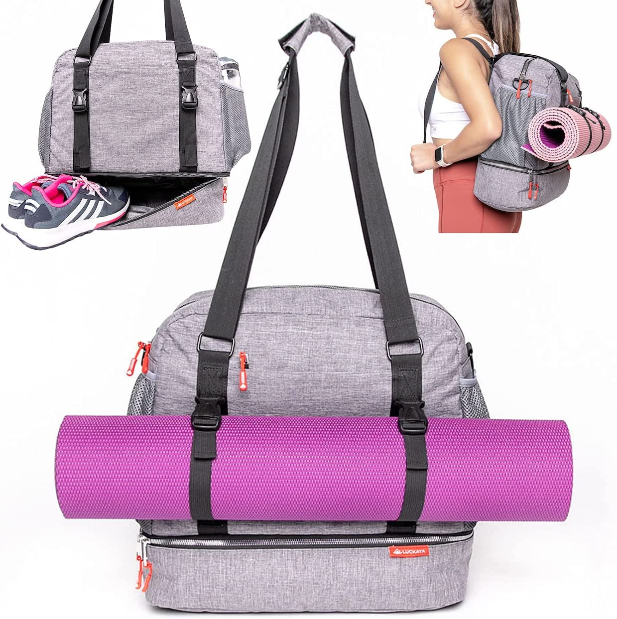LUCKAYA Yoga Mat Tote Bag/Backpack: Multi Purpose Carryall Bag for Office,Yoga,Travel and Gym! Carry Your Mat of Any Size,Laptop and Gear in One Bag! … (CHARCOAL GREY)