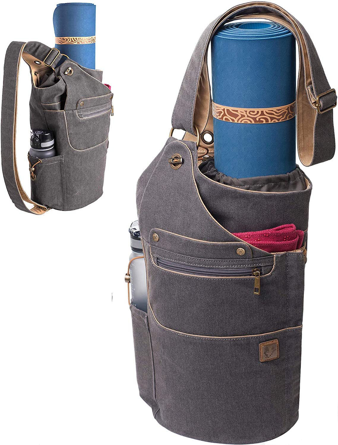 WRASCO Yoga Mat Bag Canvas Casual Yoga Backpack Convertible Yoga Mat Tote Sling Carrier - Fits Most Mat Sizes - Yoga Bags and Carriers for Women & Men - Gift 2 Elastic Straps