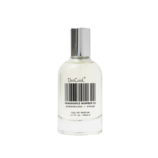 A bottle of dedcool fragrance number 03, labeled as genderless and vegan eau de parfum.