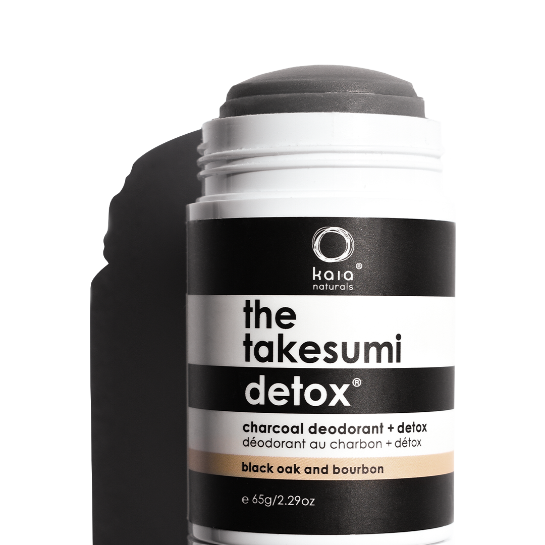 A container of kaia naturals "the takesumi detox" charcoal deodorant in black oak scent.