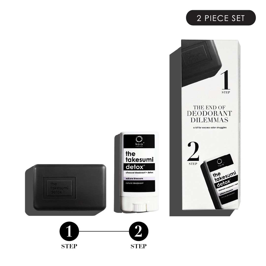Two-piece takesumi detox deodorant set with a bar of soap and stick deodorant against a black background.