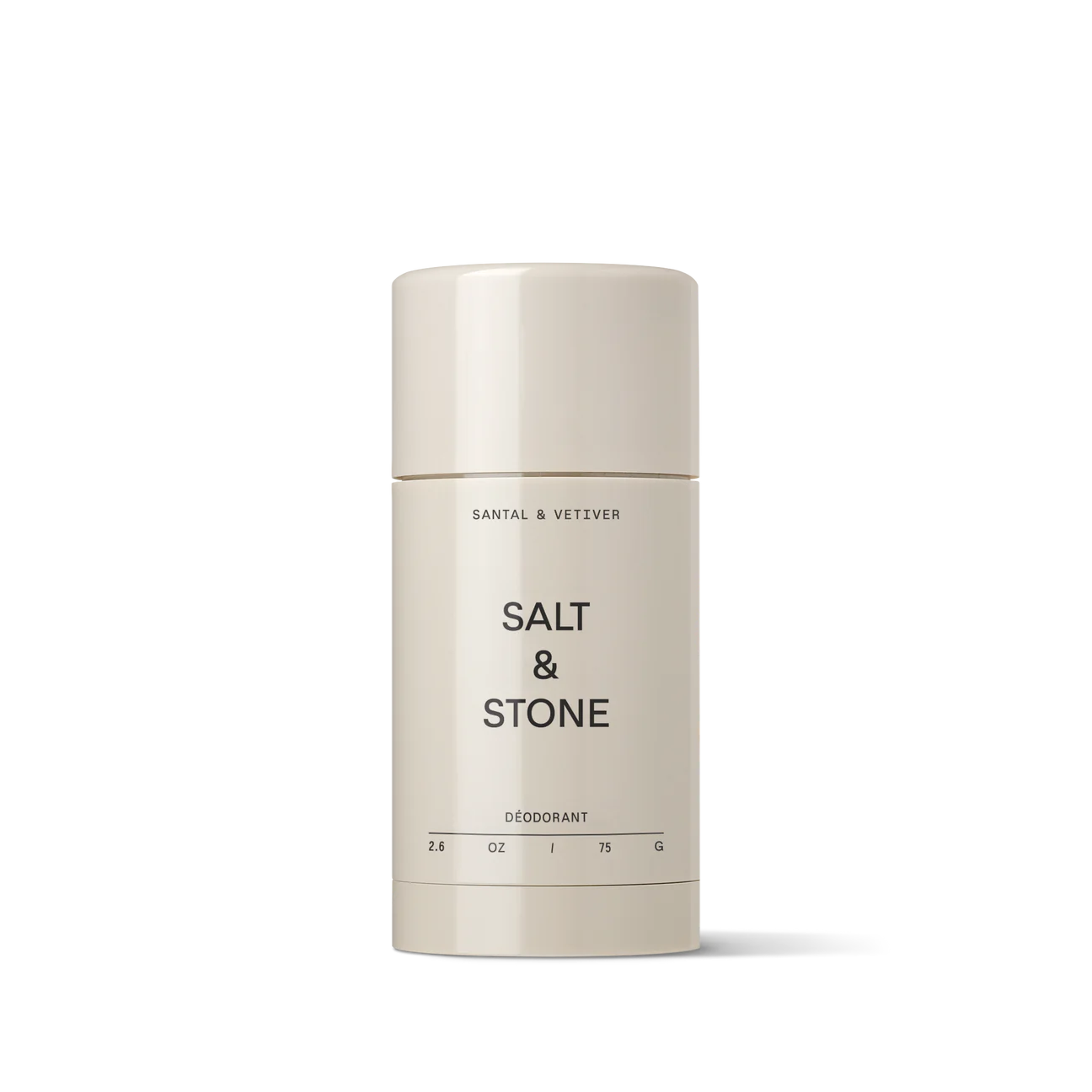 A stick of salt & stone deodorant against a neutral background.