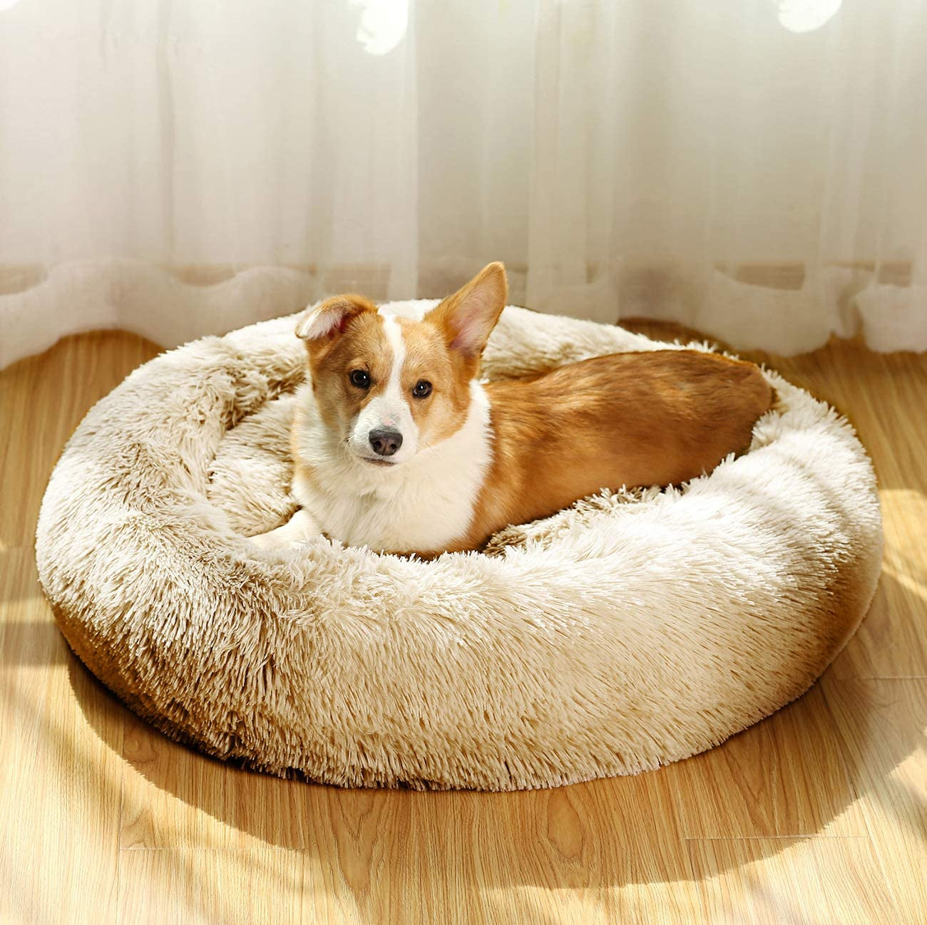 JMHUND Shag Vegan Fur Donut Comfortable Dog Bed for Medium Dogs, Large Calming Cuddler Ultra Soft Washable Pet Cat Mat, round Fluffy Self-Warming Cushion Bed,26" Black