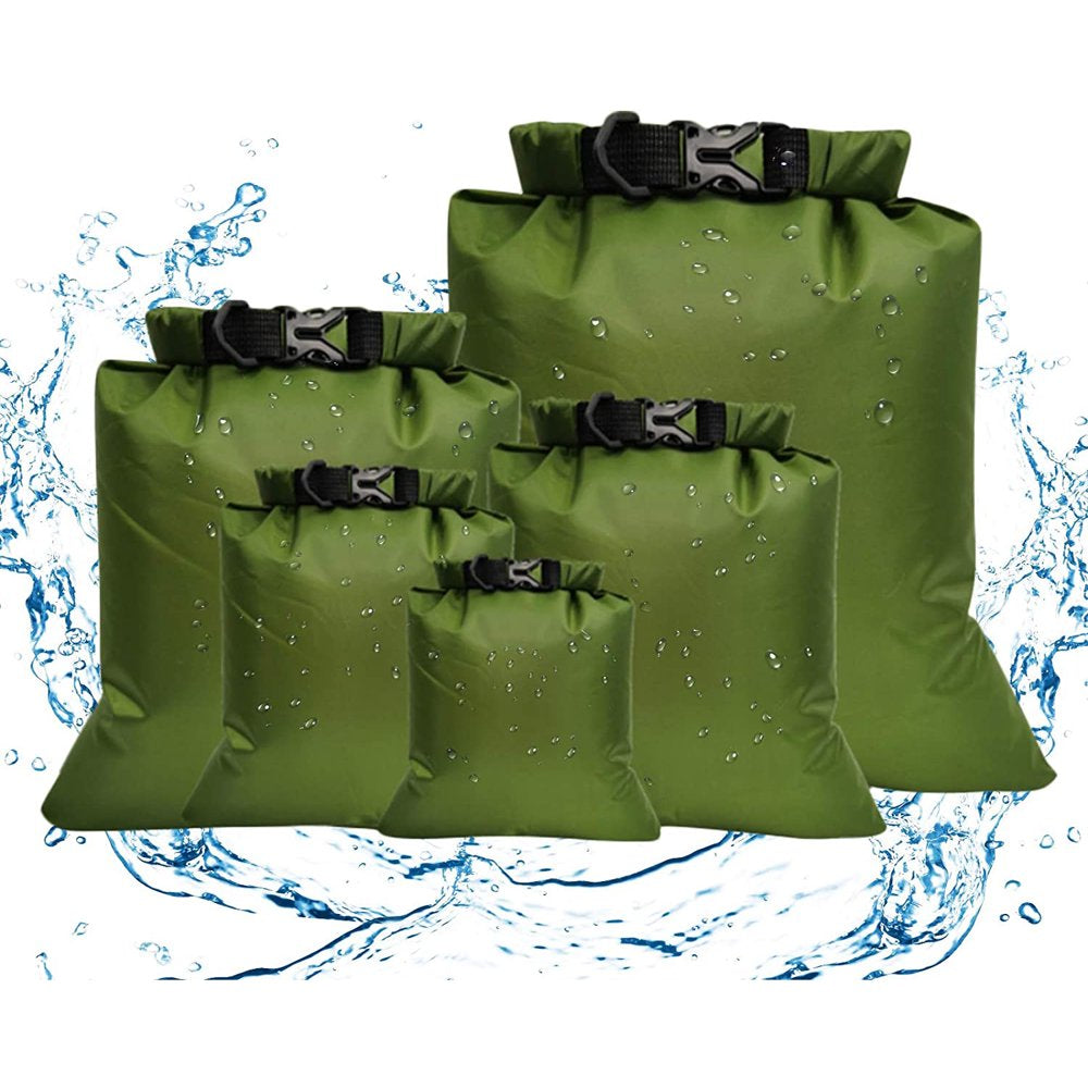 5 Pack Army Green Waterproof Dry Sacks, Large Capacity Storage Bag Lightweight Outdoor Dry Bags Ultimate Dry Bags for Swimming Rafting Boating Camping (1.5L, 2.5L, 3.5L, 4.5L, 6L)