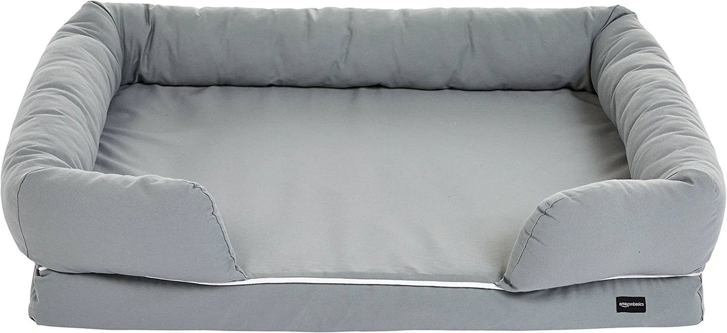 Lounger Sofa Couch Style Pet Bed with Memory Foam, Bolsters, and Removable Cover for Dog or Cat, Small, 25 X 20 Inches, Grey