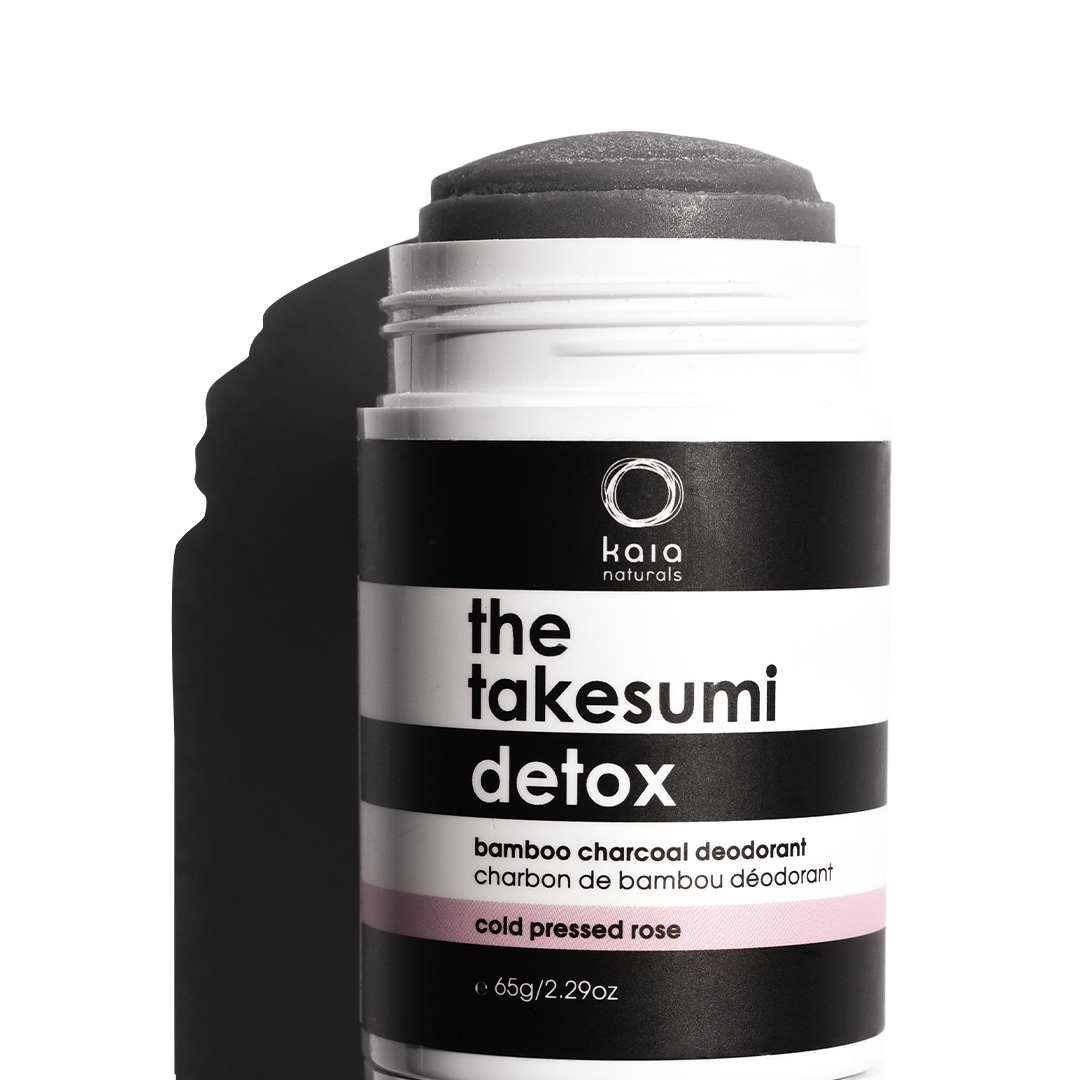 A container of kaia naturals bamboo charcoal deodorant.