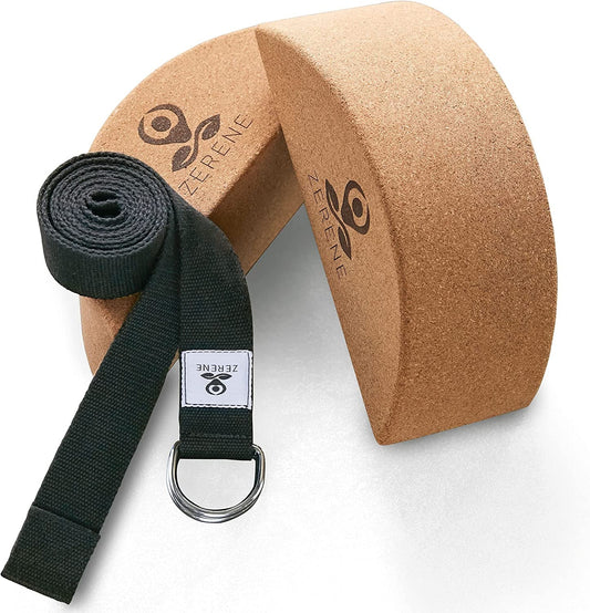 Yoga Blocks (2 Pack with Strap) - Increase Core Strength with Our New Half-Round Cork Yoga Block - Yoga Accessories for Beginner and Pros - Includes a Carry Bag and Yoga Strap for Extra Flexibility