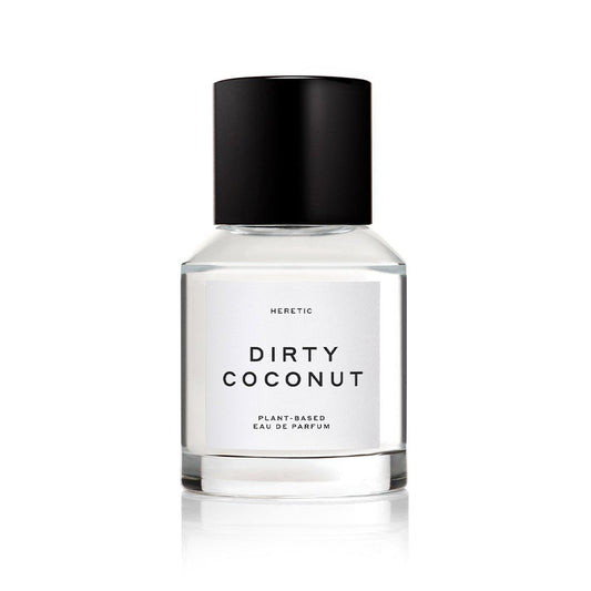 A bottle of heretic dirty coconut plant-based eau de parfum on a white background.