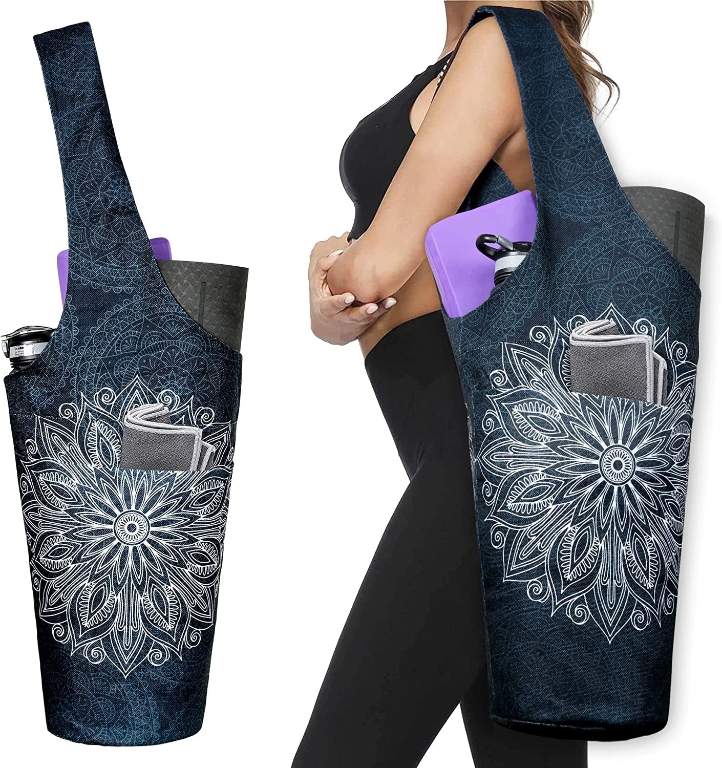 Fashion Printed Yoga Mat Bag with Large Side Pocket & Zipper Pocket Long Tote Yoga Bag Fit Most Size Mats - Holds More Yoga Accessories