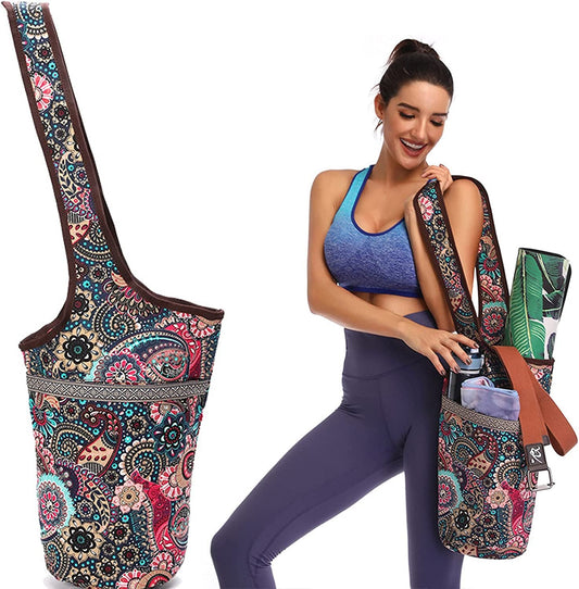 Fnoko Bohemian Yoga-Mat-Tote Storage Bag Pilates Clothing and Gym Accessories Carrier Large Capacity