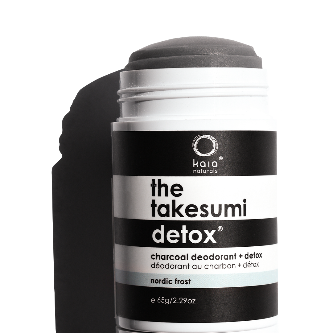 A container of kaia naturals "the takesumi detox" charcoal deodorant in nordic frost scent.