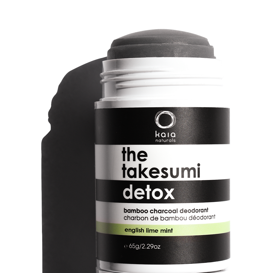 A container of takesumi detox bamboo charcoal deodorant with english lime mint fragrance.
