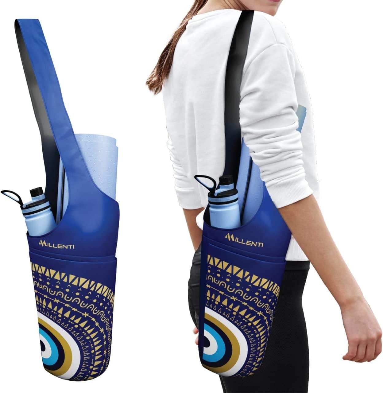 Millenti Yoga Mat Bag Handsfree - Stylish Reversible Sling Bag Design with Zippered Phone-Wallet-Keys Pocket, Large Side Water-Bottle Pocket, Multipurpose Tote Yoga Bag, Grocery Bag, Beach Beach, Diaper Bag