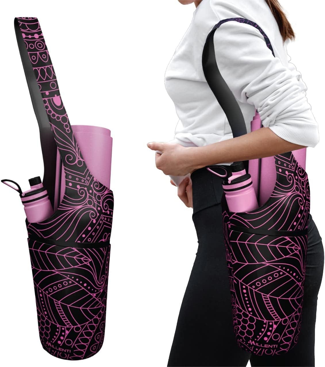 Millenti Yoga Mat Bag Handsfree - Stylish Reversible Sling Bag Design with Zippered Phone-Wallet-Keys Pocket, Large Side Water-Bottle Pocket, Multipurpose Tote Yoga Bag, Grocery Bag, Beach Beach, Diaper Bag